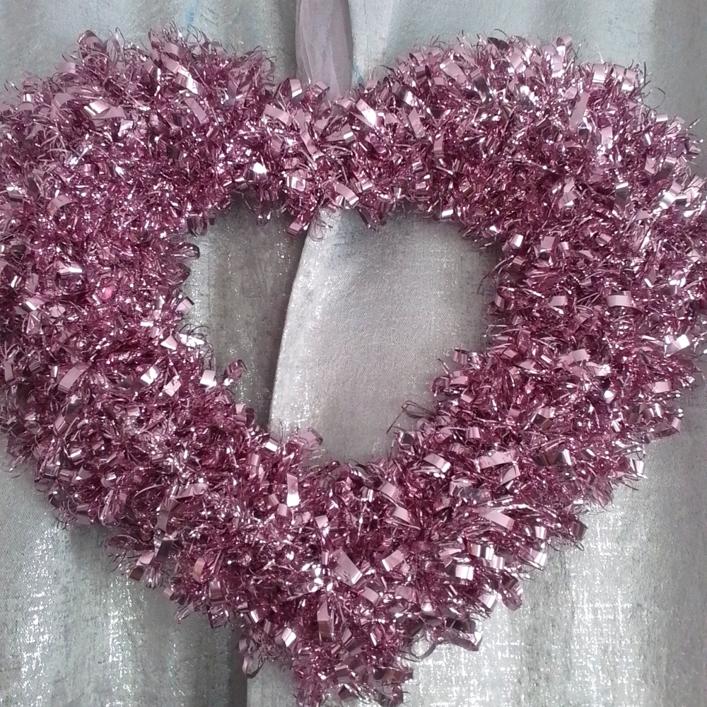 Pinkish purple tinsel heart wall hanging